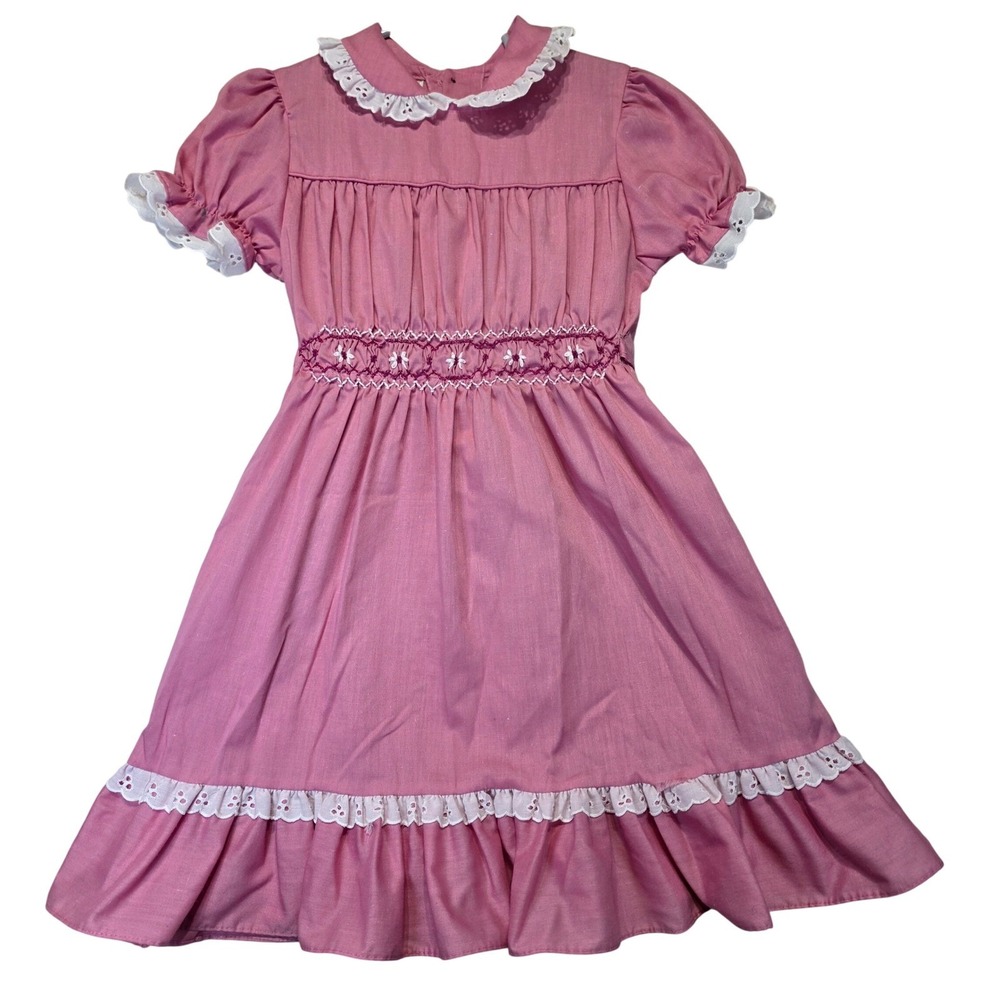 Vintage Winnie the Pooh Pink Smocked‎ Eyelet Dress Sears Perma-Prest Girls 6X